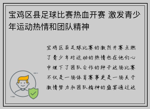 宝鸡区县足球比赛热血开赛 激发青少年运动热情和团队精神