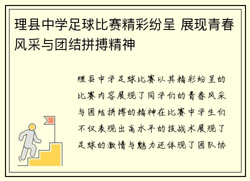 理县中学足球比赛精彩纷呈 展现青春风采与团结拼搏精神