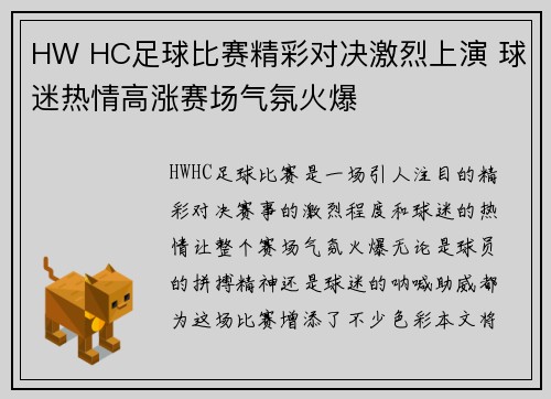 HW HC足球比赛精彩对决激烈上演 球迷热情高涨赛场气氛火爆