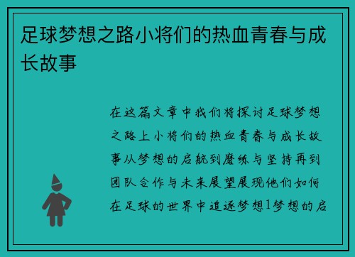 足球梦想之路小将们的热血青春与成长故事
