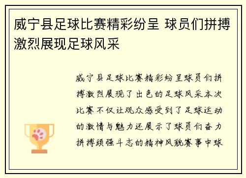 威宁县足球比赛精彩纷呈 球员们拼搏激烈展现足球风采