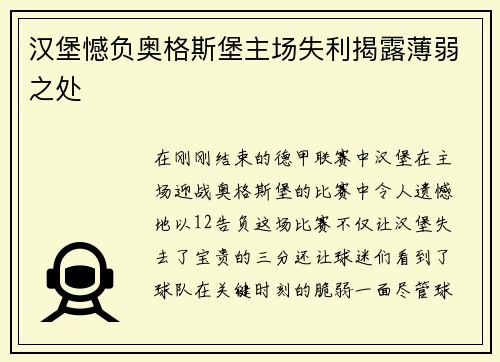 汉堡憾负奥格斯堡主场失利揭露薄弱之处