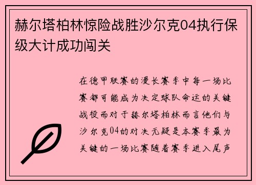 赫尔塔柏林惊险战胜沙尔克04执行保级大计成功闯关