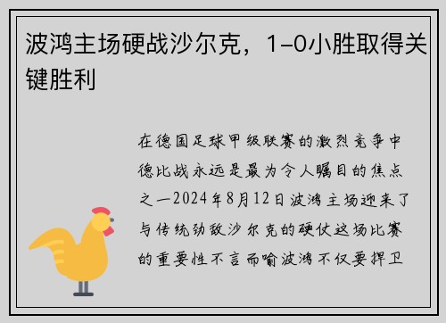 波鸿主场硬战沙尔克，1-0小胜取得关键胜利