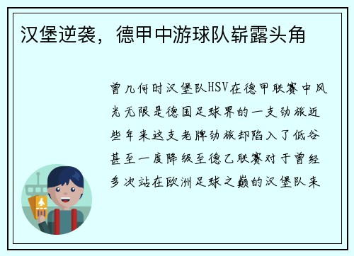 汉堡逆袭，德甲中游球队崭露头角