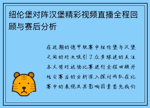 纽伦堡对阵汉堡精彩视频直播全程回顾与赛后分析