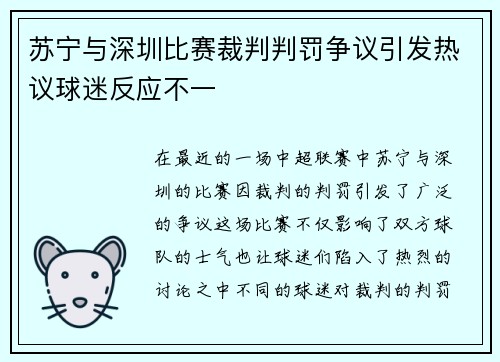 苏宁与深圳比赛裁判判罚争议引发热议球迷反应不一