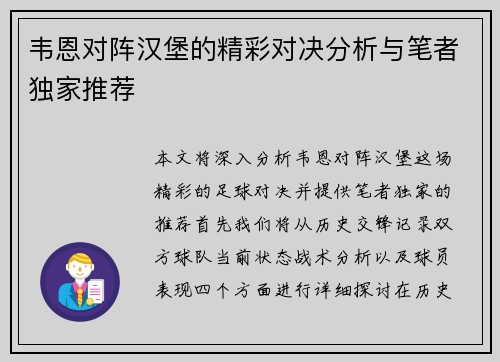 韦恩对阵汉堡的精彩对决分析与笔者独家推荐