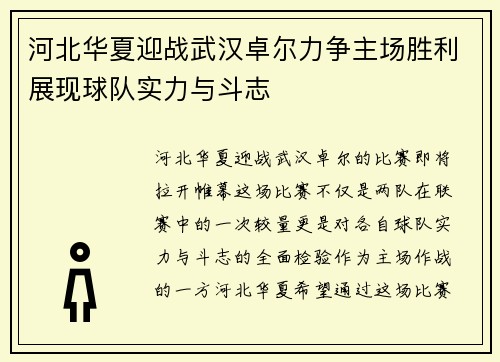 河北华夏迎战武汉卓尔力争主场胜利展现球队实力与斗志