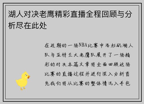 湖人对决老鹰精彩直播全程回顾与分析尽在此处