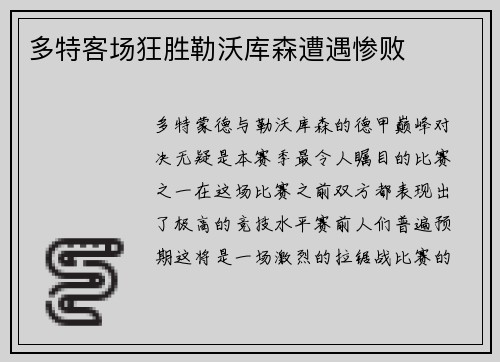 多特客场狂胜勒沃库森遭遇惨败