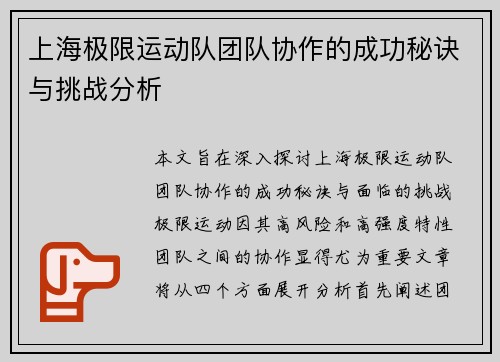 上海极限运动队团队协作的成功秘诀与挑战分析