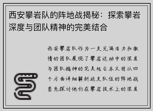 西安攀岩队的阵地战揭秘：探索攀岩深度与团队精神的完美结合